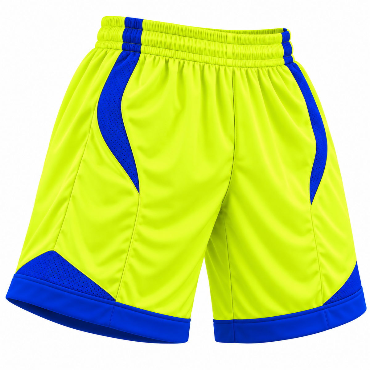 Short Alemania amarillo flúor y azul LJS, confeccionado en tela DryFit, con protector interior y disponible en tallas M y L.