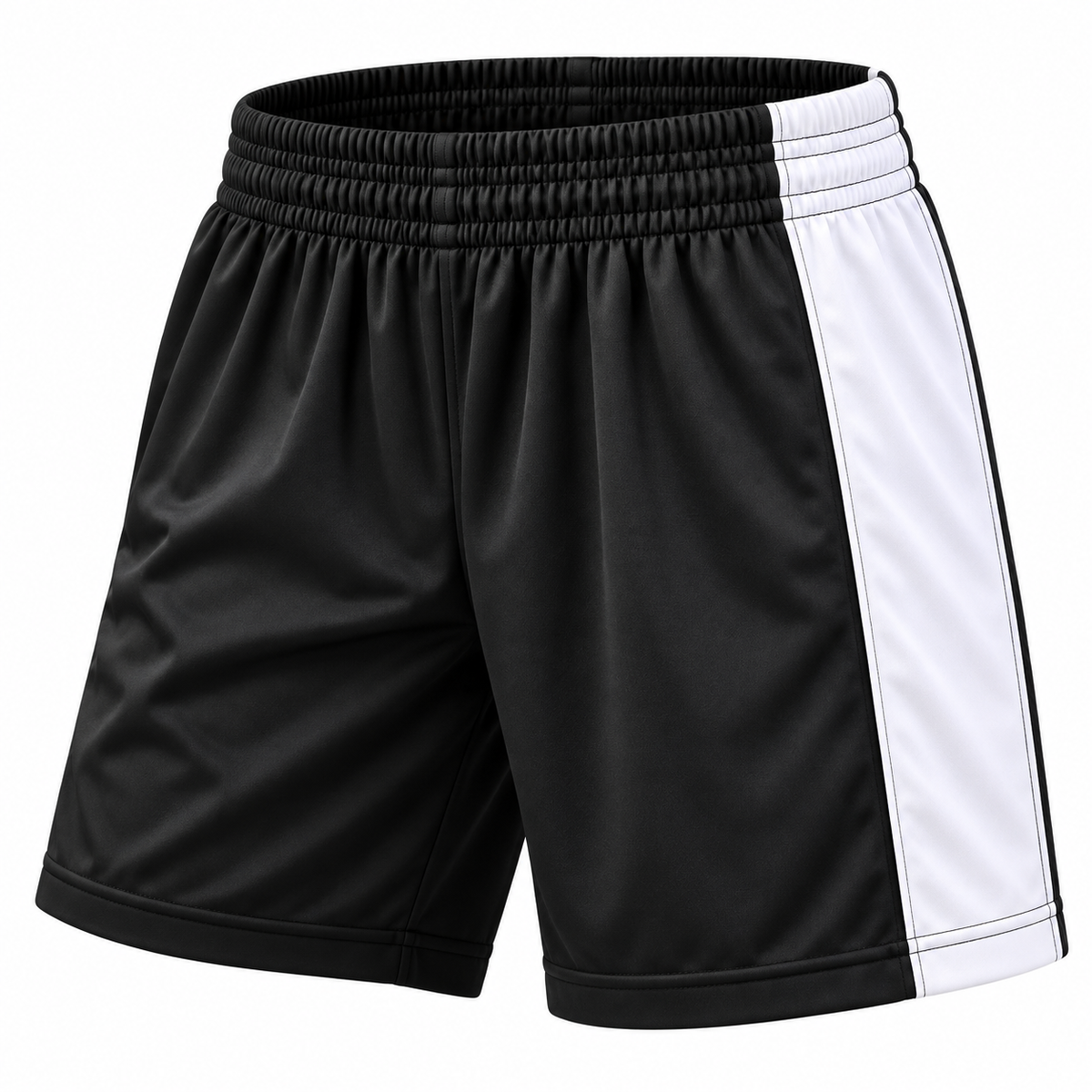 Short deportivo Mundial negro y blanco LJS, confeccionado en Chile con tela DryFit y protector interior, disponible en tallas 10, 12 y 14.