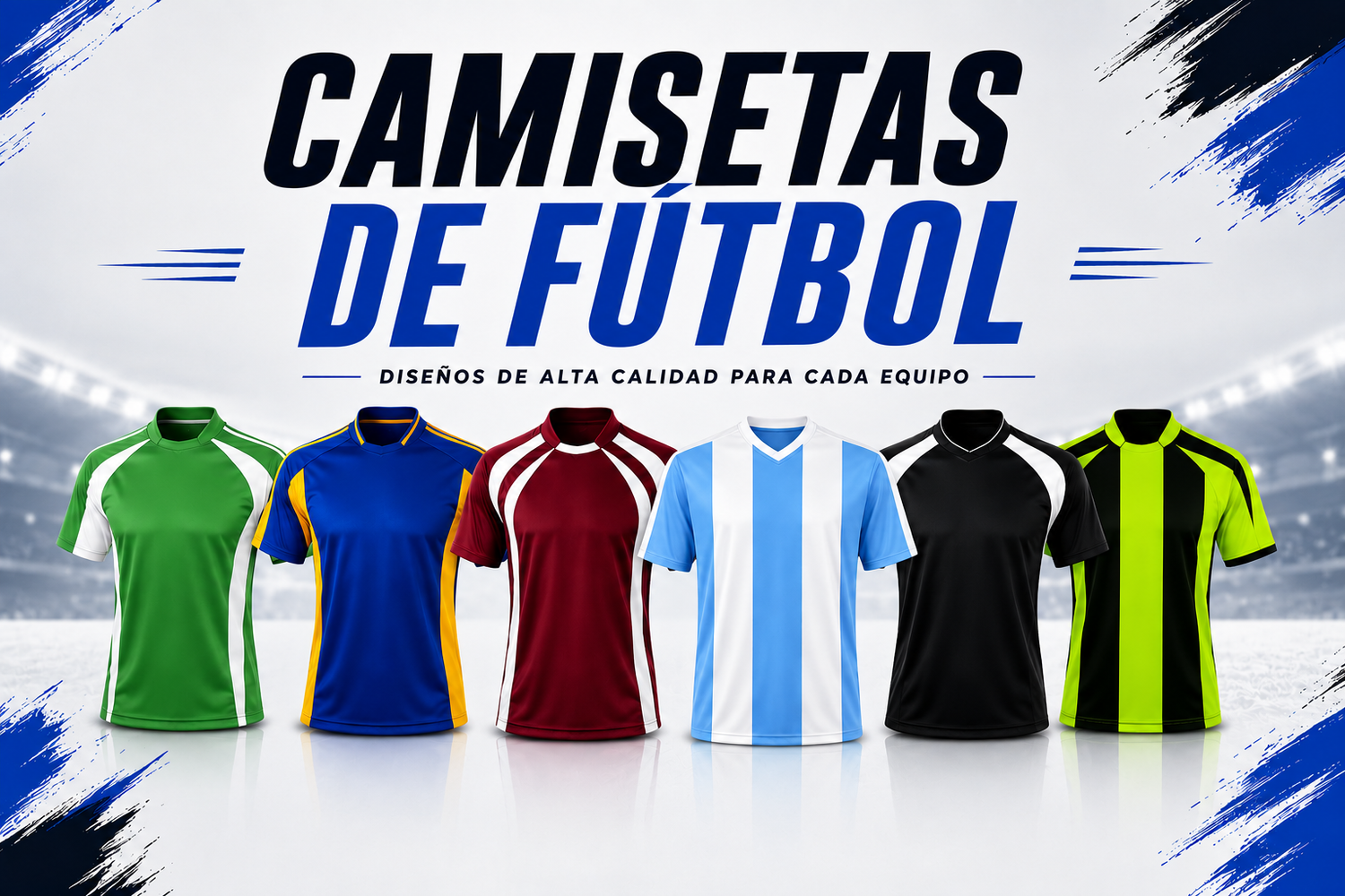 Portada de colección de camisetas de fútbol Lujossport con distintos modelos deportivos en varios colores para entrenamiento y competencia.