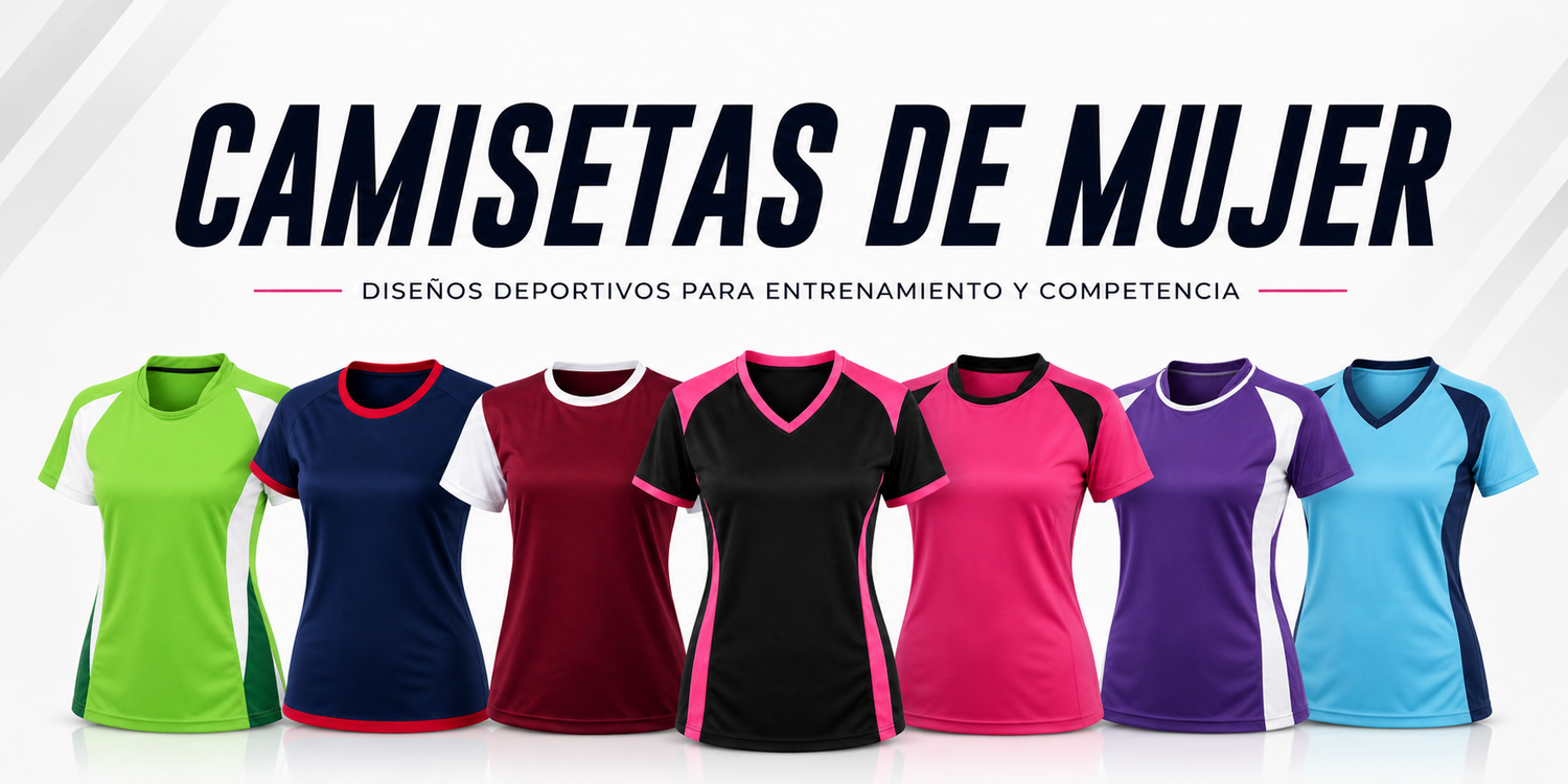 Colección de camisetas deportivas de mujer disponibles en diversos colores y diseños para entrenamiento y competencia.