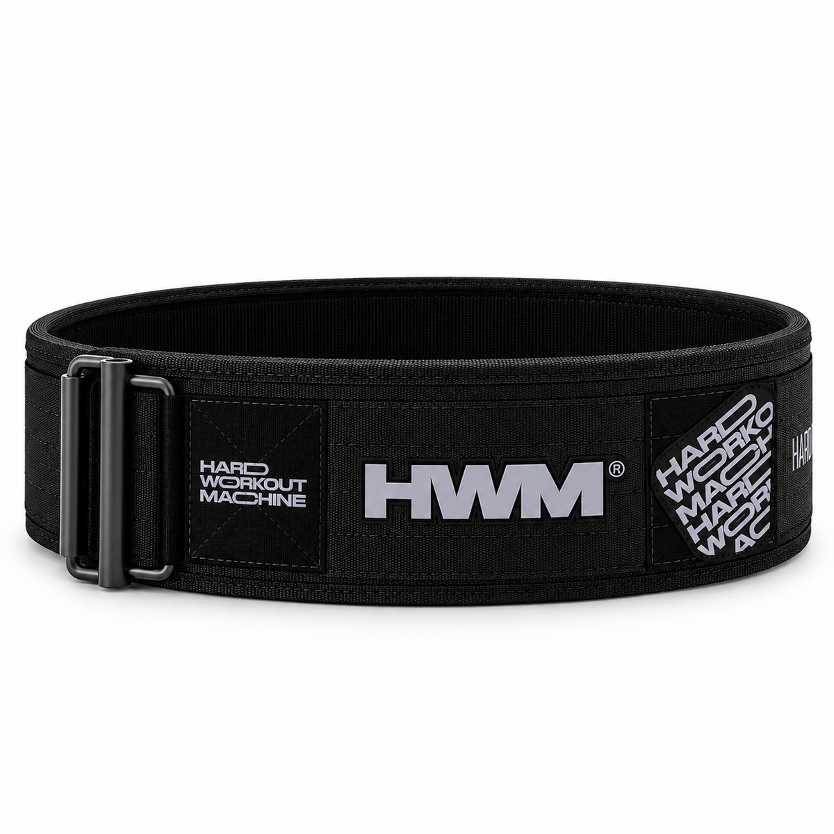 Cinturón de levantamiento ICONLIFT marca HWM con estructura de espuma gruesa, cierre de hebilla ajustable y logotipo en relieve.