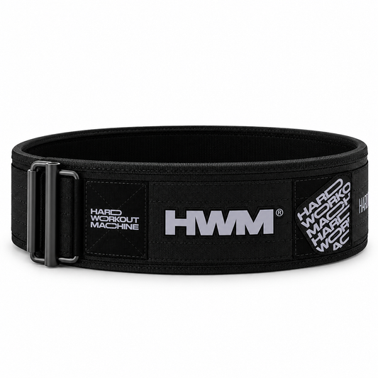 Cinturón de levantamiento ICONLIFT marca HWM con estructura de espuma gruesa, cierre de hebilla ajustable y logotipo en relieve.