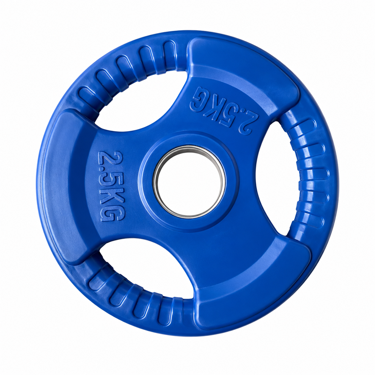Disco olímpico engomado de 2,5 kg con tomaderas integradas para entrenamiento de fuerza, musculación y levantamiento de pesas con barra olímpica.
