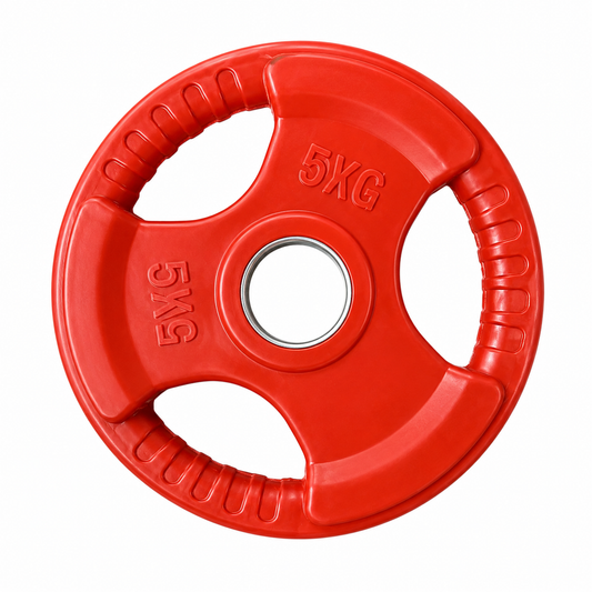 Disco olímpico engomado de 5 kg con tomaderas integradas para entrenamiento de fuerza, musculación y levantamiento de pesas con barra olímpica.