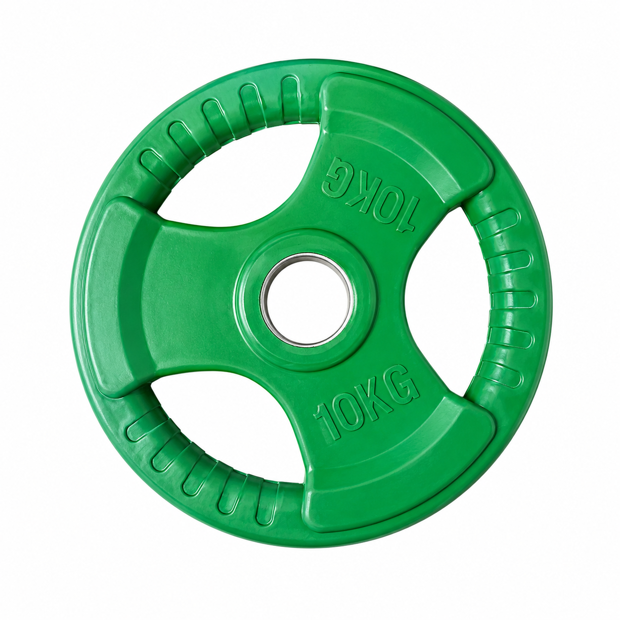 Disco olímpico engomado de 10 kg con tomaderas integradas para entrenamiento de fuerza, musculación y levantamiento de pesas con barra olímpica.