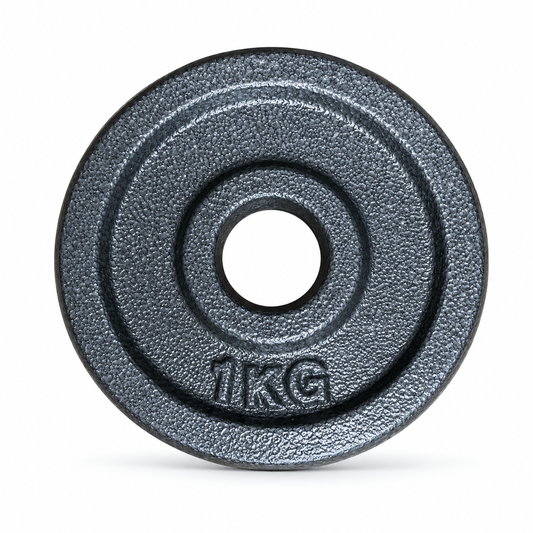 Disco de pesas preolímpico de 1 kg fabricado en hierro fundido resistente para entrenamiento de fuerza, musculación y levantamiento de pesas.