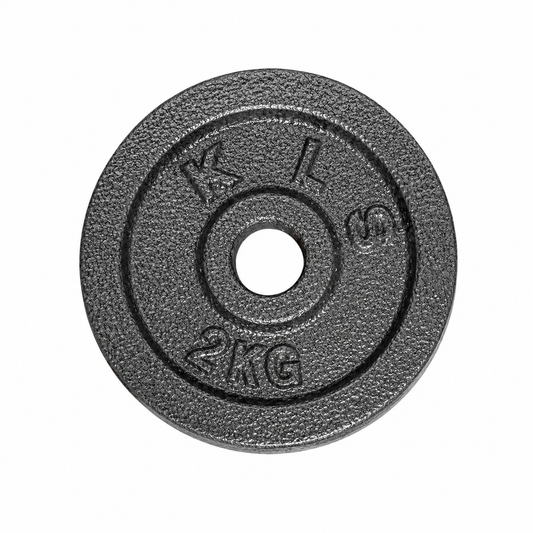 Disco de pesas preolímpico de 2 kg fabricado en fierro fundido color negro para entrenamiento de fuerza y musculación
