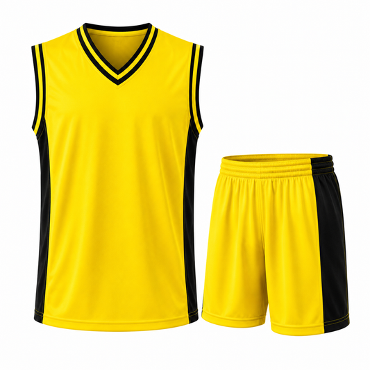 Equipo de básquetbol para varón compuesto por camiseta y short modelo Mundial color amarillo y negro confeccionados en tela DryFit, ideal para entrenamientos, competencias y equipos deportivos.