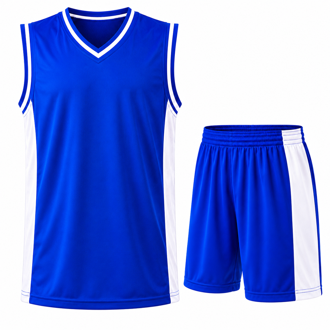 Equipo de básquetbol para varón compuesto por camiseta y short modelo Mundial color azul y blanco confeccionados en tela DryFit, ideal para entrenamientos, competencias y equipos deportivos.