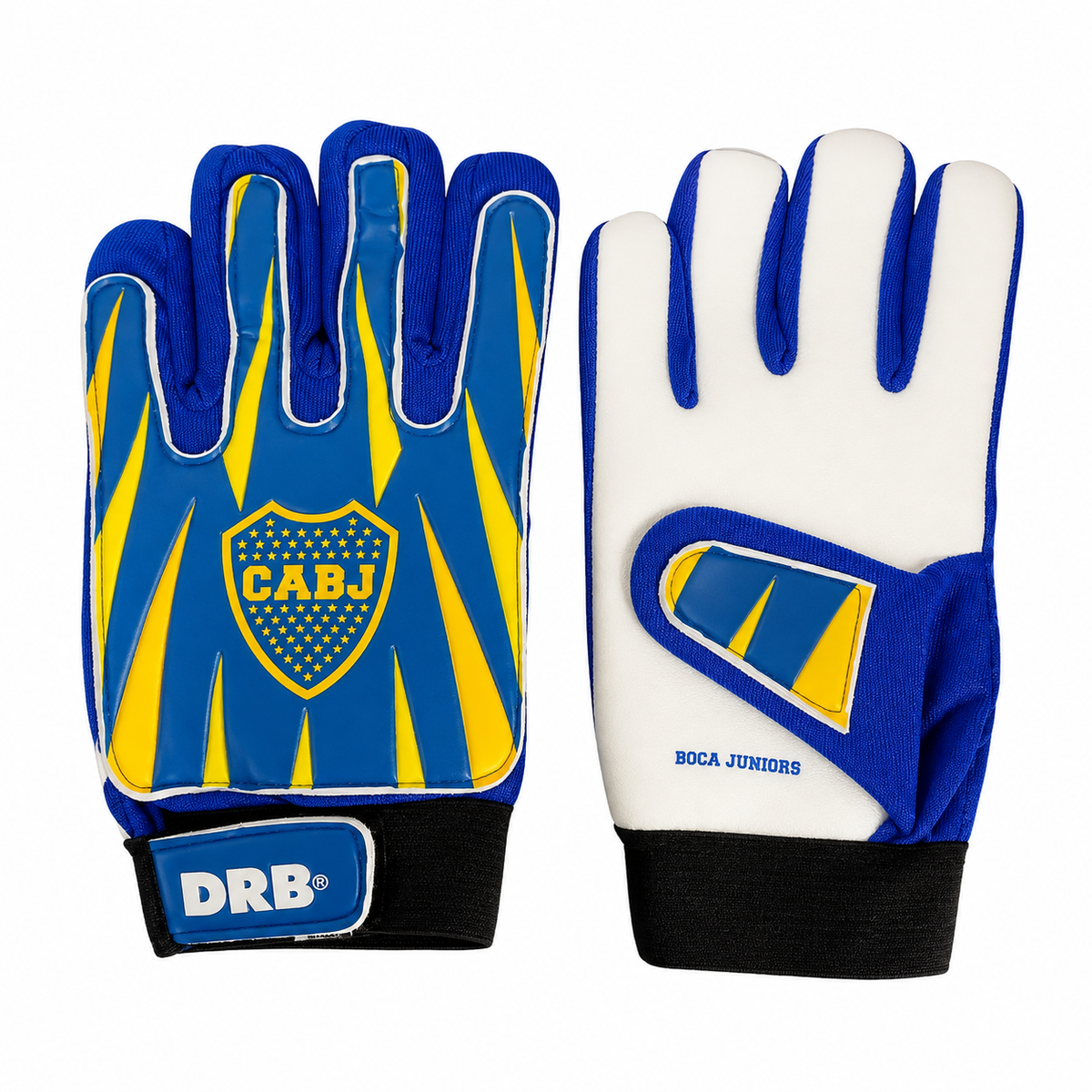 Guante de arquero infantil DRB con licencia oficial de Boca Juniors, palma de látex, dorso acolchado y cierre ajustable con velcro, ideal para entrenamientos y partidos de fútbol.