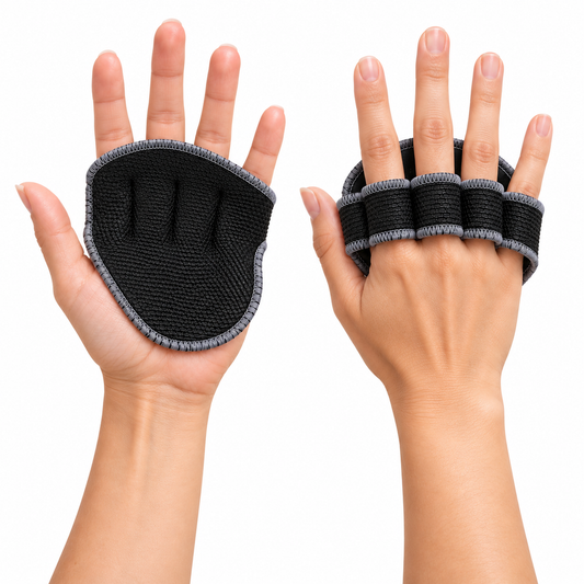 Par de protectores de manos Grab Quick 1.0 negro y gris marca FullFit, con agarres de neopreno para gimnasio y entrenamiento con pesas.