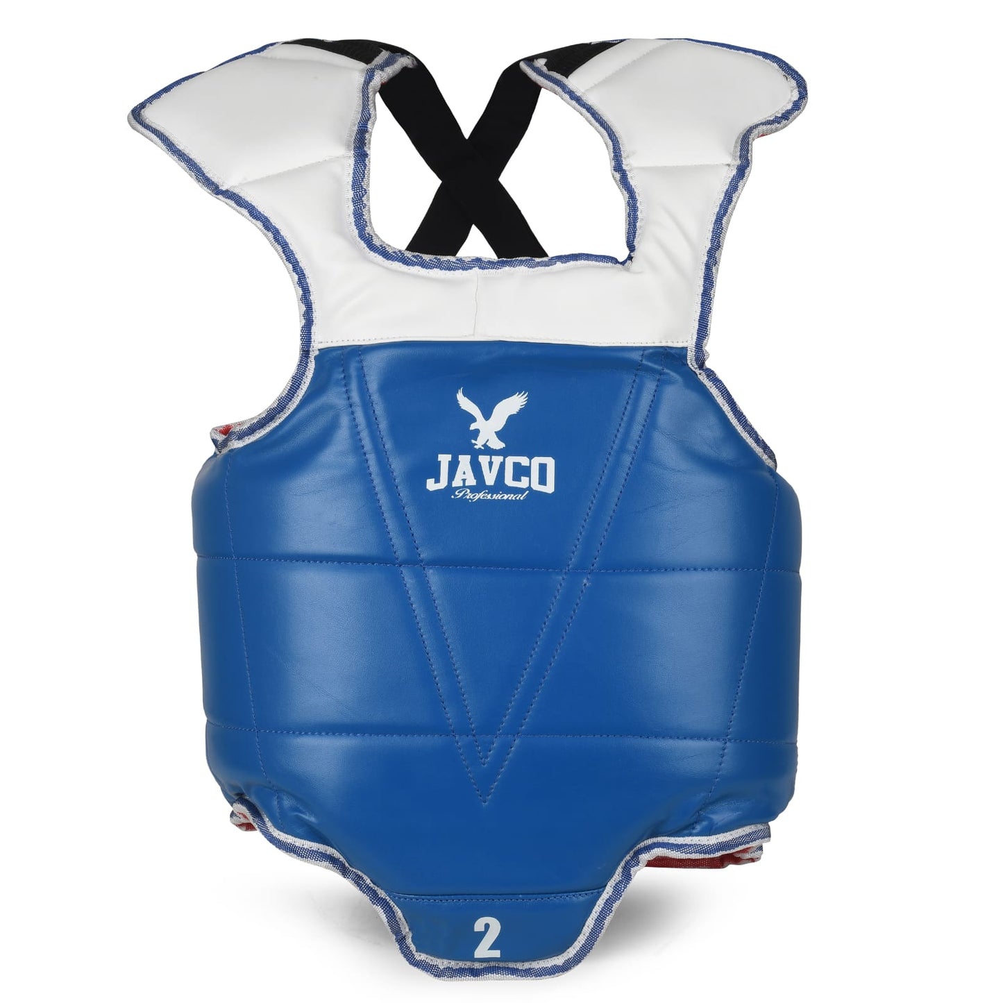 Pechera reversible para Taekwondo marca Javco en colores rojo y azul, ideal para entrenamientos y competencias de TKD.