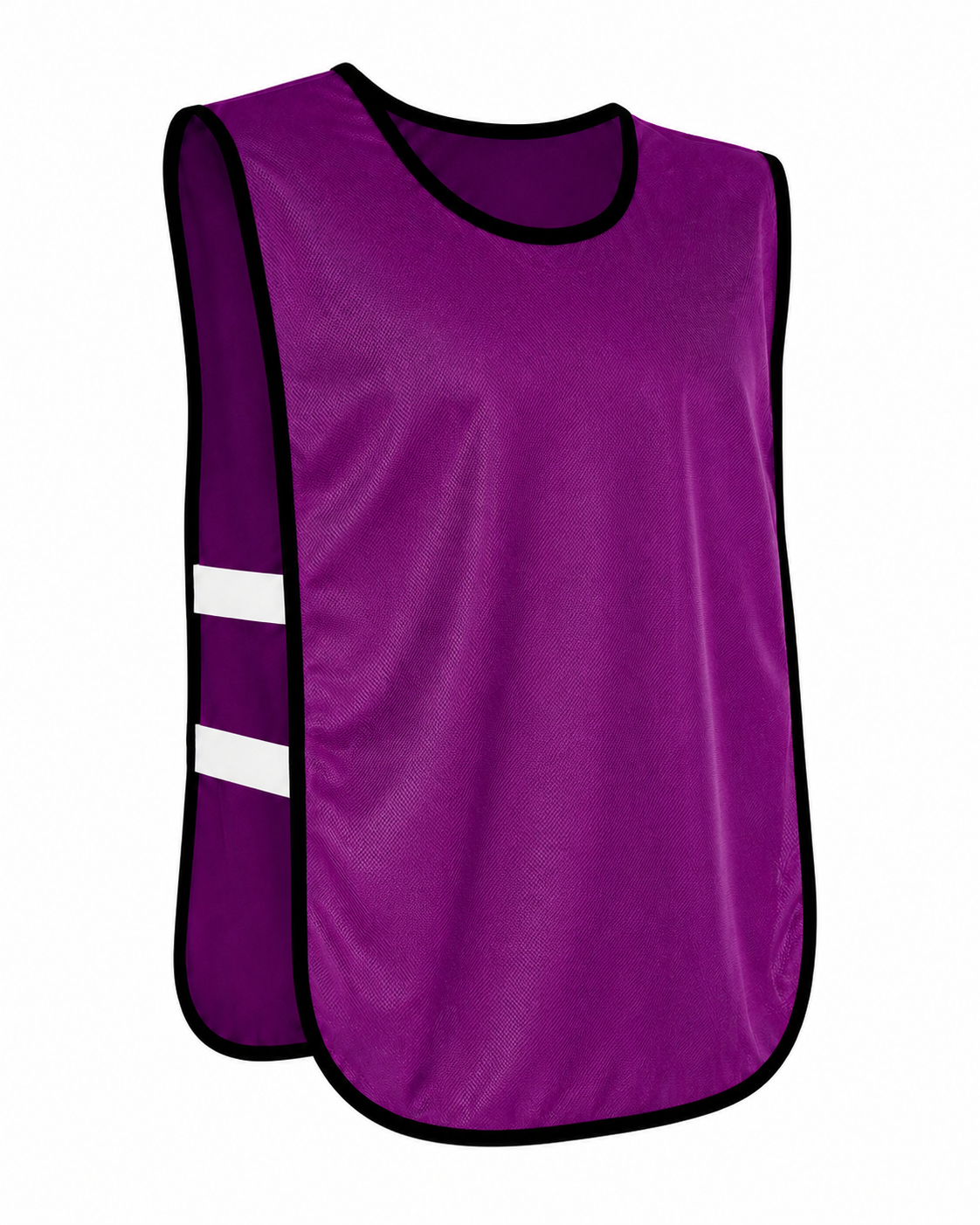 Peto deportivo DryFit color morado con elásticos laterales confeccionado en Chile, disponible con uno o dos elásticos, ribete blanco o negro y tallas Mascota, Infantil, Juvenil, Adulto y XL, ideal para entrenamientos de fútbol, básquetbol, vóleibol y otros deportes en equipo.