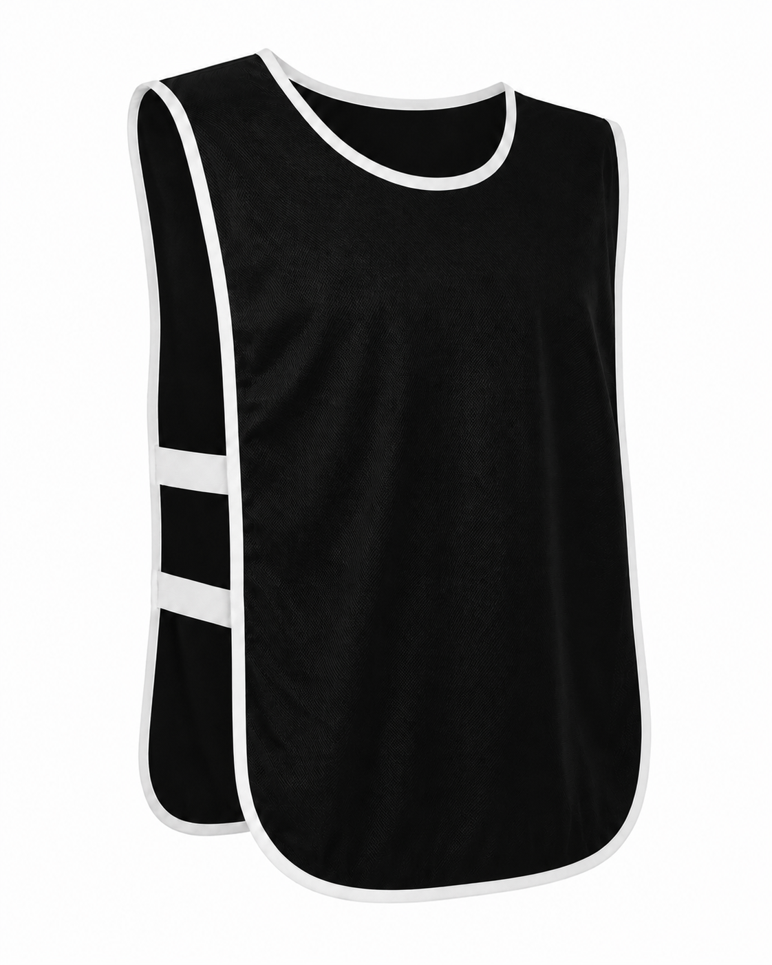 Peto deportivo DryFit color negro con elásticos laterales confeccionado en Chile, disponible con uno o dos elásticos, ribete blanco o negro y tallas Mascota, Infantil, Juvenil, Adulto y XL, ideal para entrenamientos de fútbol, básquetbol, vóleibol y otros deportes en equipo.