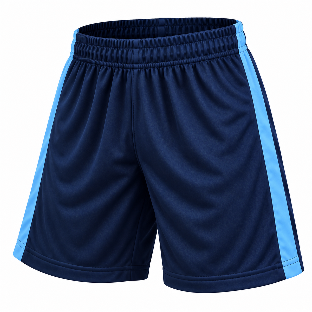 Short deportivo Selecc azul marino y celeste LJS, confeccionado en Chile con tela DryFit y protector interior, disponible en tallas M, L y XL.