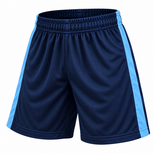 Short deportivo Selecc azul marino y celeste LJS, confeccionado en Chile con tela DryFit y protector interior, disponible en tallas M, L y XL.