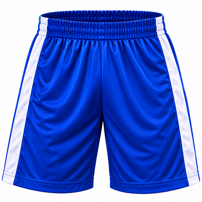 Short deportivo Selecc azul rey y blanco LJS, confeccionado en Chile con tela DryFit y protector interior.