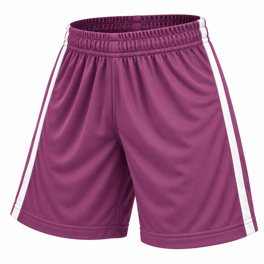 Short deportivo Selecc lila y blanco LJS, confeccionado en Chile con tela DryFit, sin bolsillos y disponible en talla L.