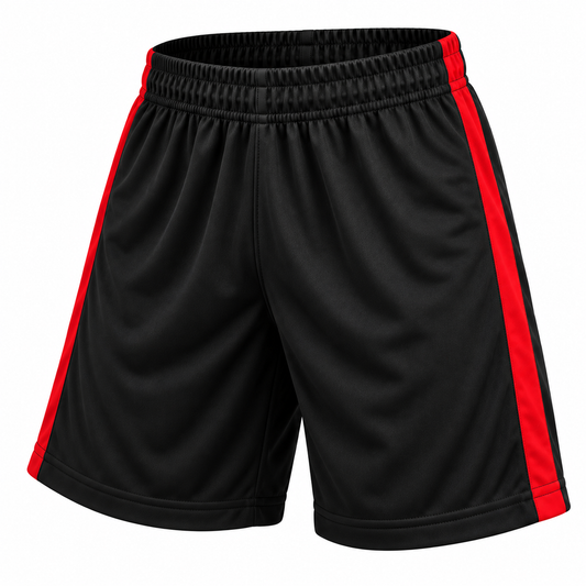 Short deportivo Selecc negro y rojo LJS, confeccionado en Chile con tela DryFit, sin bolsillos y disponible en tallas M y L.