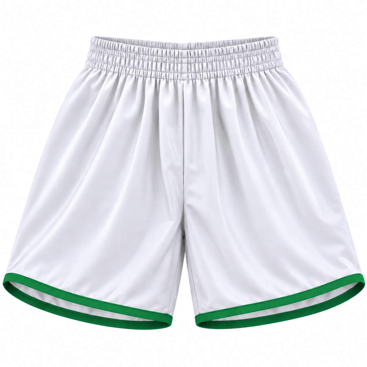Short deportivo Cirio blanco y verde LJS, confeccionado en Chile con tela DryFit, sin protector interior, disponible en tallas L y XL.