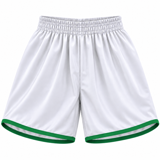 Short deportivo Cirio blanco y verde LJS, confeccionado en Chile con tela DryFit, sin protector interior, disponible en tallas L y XL.