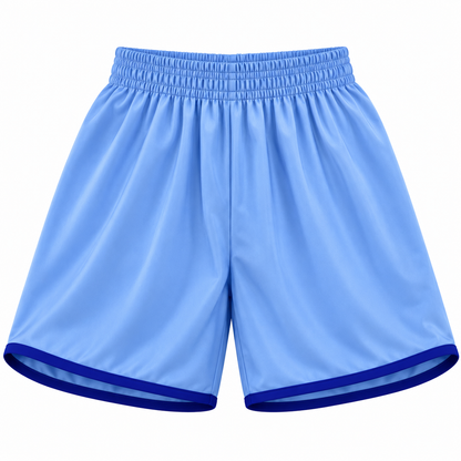 Short deportivo Cirio celeste y azul rey LJS, confeccionado en Chile con tela DryFit y protector interior, disponible en talla L.