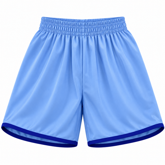 Short deportivo Cirio celeste y azul rey LJS, confeccionado en Chile con tela DryFit y protector interior, disponible en talla L.