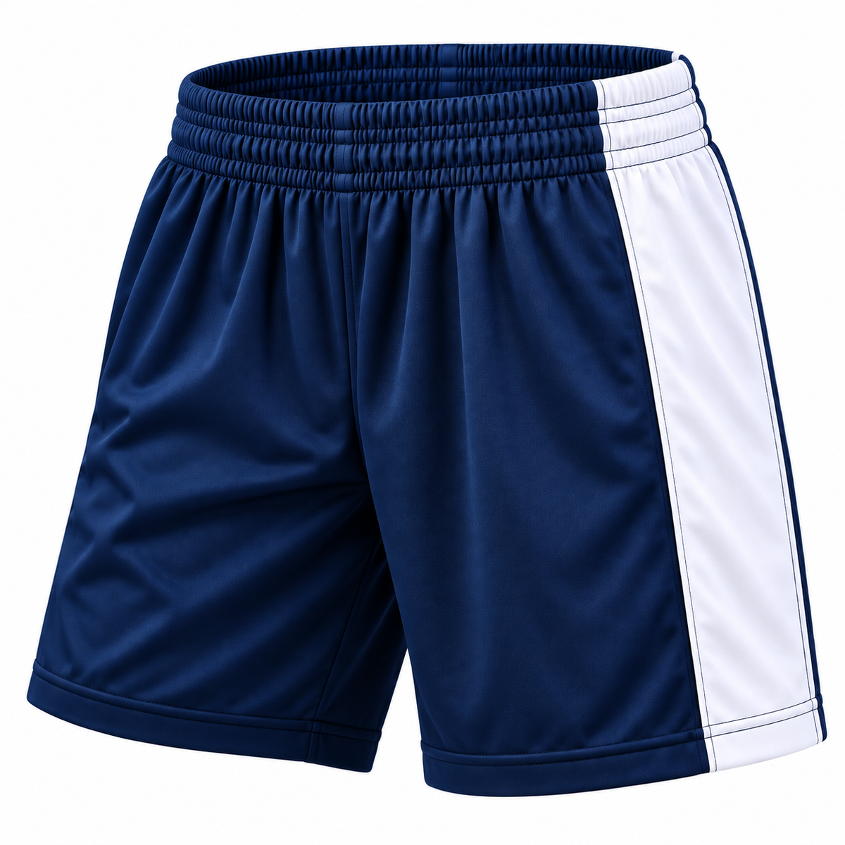 Short deportivo Mundial azul marino y blanco LJS, confeccionado en Chile con tela DryFit y protector interior, disponible en talla L.