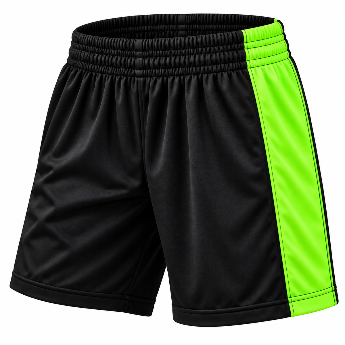 Short deportivo Mundial negro y verde lima LJS, confeccionado en Chile con tela DryFit y protector interior, disponible en tallas 8 y 10.
