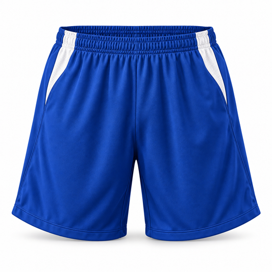 Short deportivo River Especial azul rey y blanco LJS, confeccionado en Chile con tela DryFit y protector interior, disponible en tallas 14, 16/S y M.