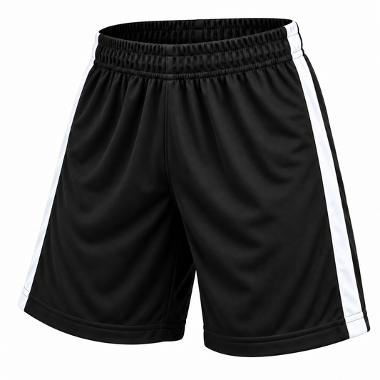 Short deportivo Selecc negro y blanco LJS, confeccionado en Chile con tela DryFit y protector interior, disponible en talla L y con opción de confección a pedido en otras tallas y colores.