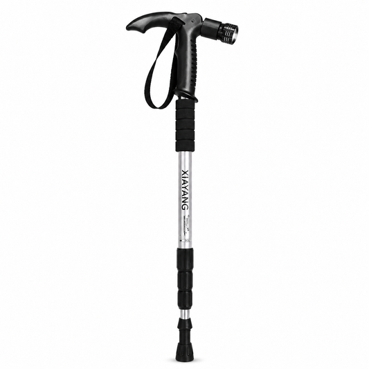 Bastón de trekking con luz LED integrada, ideal para senderismo, caminatas, camping y actividades al aire libre.