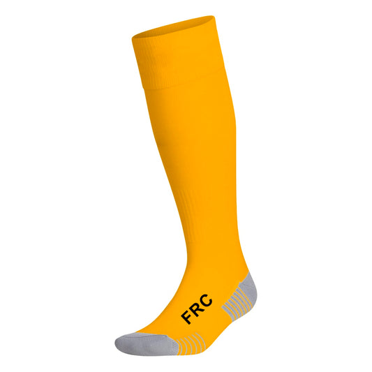 Par de medias de fútbol FRC color amarillo oro para adulto, talla 39-45, ideales para entrenamientos, partidos y competencias deportivas.