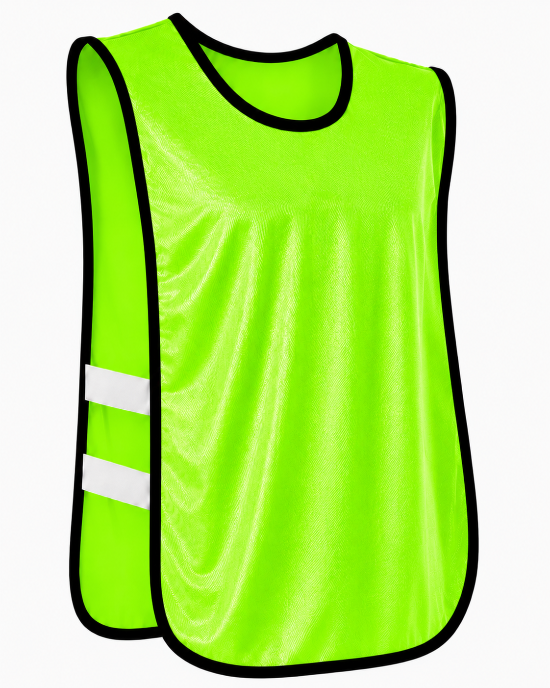 Peto deportivo DryFit color verde flúor con elásticos laterales confeccionado en Chile, disponible con uno o dos elásticos, ribete blanco o negro y tallas Mascota, Infantil, Juvenil, Adulto y XL, ideal para entrenamientos de fútbol, básquetbol, vóleibol y otros deportes en equipo.