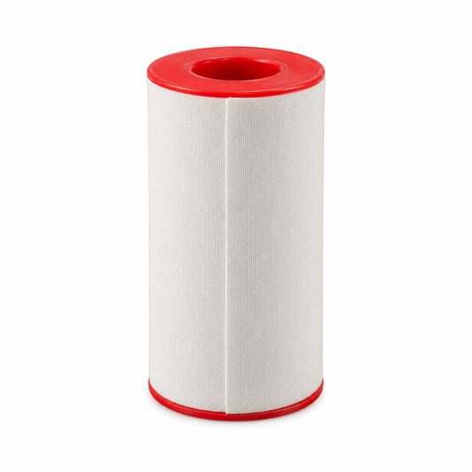 Tela tipo leukoplast de 10 cm x 5 mt con adhesivo de óxido de zinc, ideal para fijación de vendajes, apósitos, soporte general y uso en primeros auxilios.